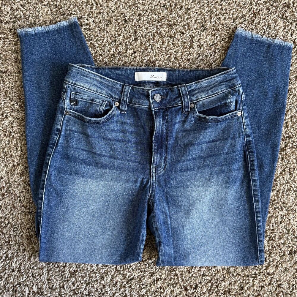 KanCan Jeans 9/28 Mid-Rise Skinny Ankle Blue Denim Frayed edge & slit #KC8558M